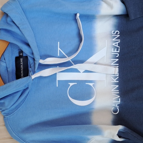 Calvin Klein Jeans Cropped Tie Dye Ombre Logo Graphic Hoodie Blue Cotton Blend - Picture 2 of 9